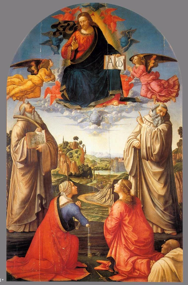 Cristo in gloria con San Benedetto, San Romualdo, S. Attinia, S. Grecinia e il donatore, abate Buonvicini - Pinacoteca di Volterra